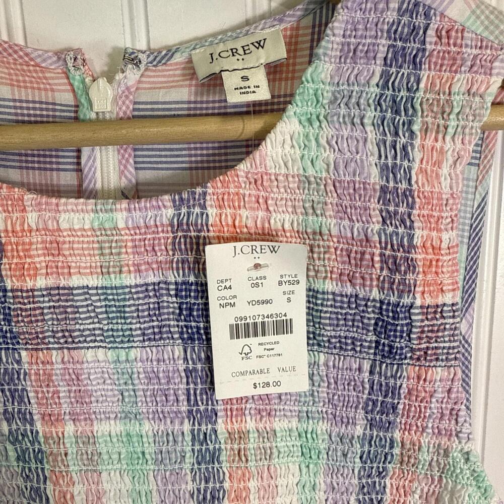J Crew Factory Small Dress Smocked Pink Blue Pastel Plaid Midi Cotton NWT - Picture 4 of 5